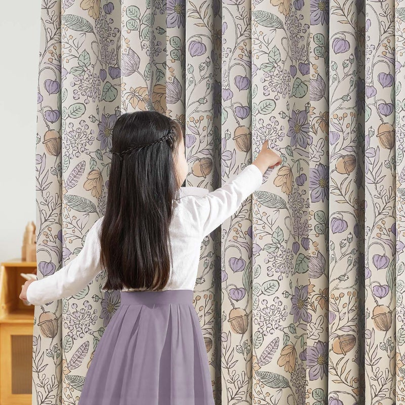 jinchan Nursery Curtains 95% Blackout Purple Floral Curtains for Girls Room, 84 Inch Length Farmhouse Drapes for Bedroom Living Room Darkening Window Treatment Grommet Top Set of 2 Panels - Image 3