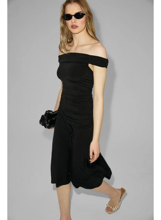Ethiquet  SABLE Women's Soft and Flexible Fabric Open-Shoulder Long Black Dress with Ruffle Detail. for Women | Best Price UAE