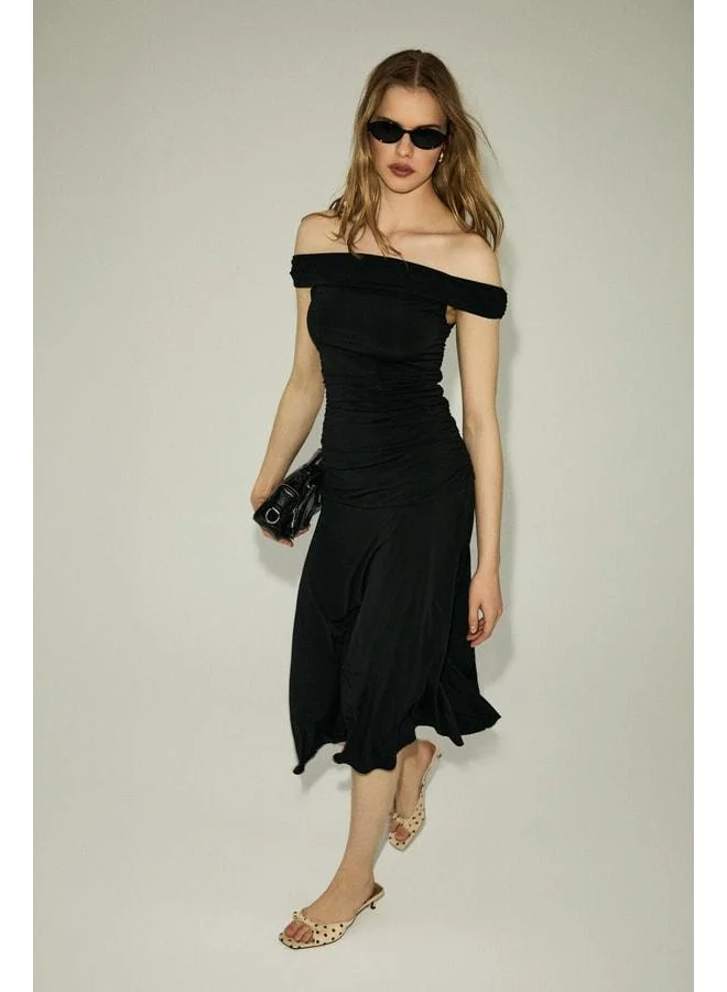 SABLE Women's Soft and Flexible Fabric Open-Shoulder Long Black Dress with Ruffle Detail.