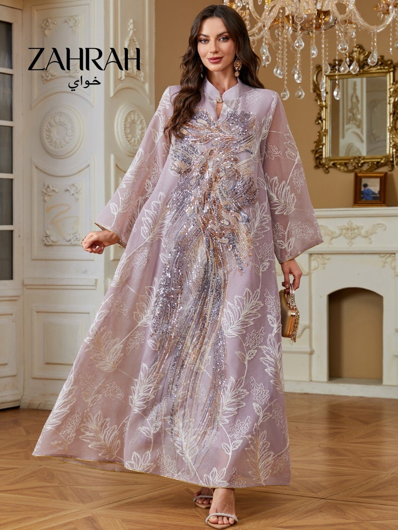 زهرة شبكة أنيقة مطرزة فستان كفتان، نمط فينيكس الخرز، الأكمام الطويل ماكسي أبايا للنساء - Image 3