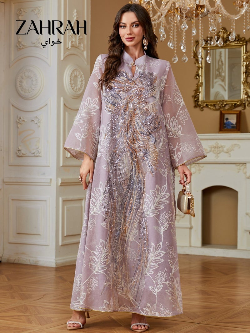 زهرة شبكة أنيقة مطرزة فستان كفتان، نمط فينيكس الخرز، الأكمام الطويل ماكسي أبايا للنساء - Image 2