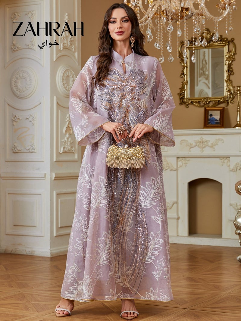 زهرة شبكة أنيقة مطرزة فستان كفتان، نمط فينيكس الخرز، الأكمام الطويل ماكسي أبايا للنساء - Image 4