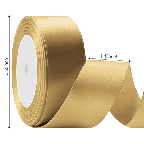 Flezoo 25 Yards Gold Satin Ribbon 1 1/2inch, Single Face Polyester Silk Fabric Hair String Ribbon for Craft, Flower Bouquets, Gift Wrapping, Wedding, Bow Making and Valentines Decoration - Image 2