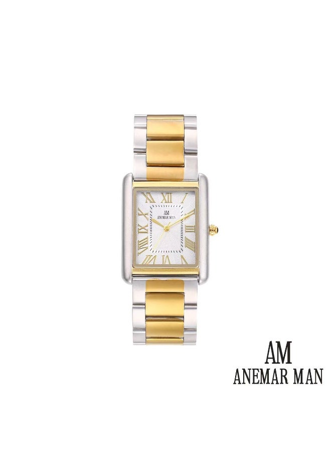 ANEMAR MAN Men's stainless steel wristwatch, Cartier style, water-resistant and high quality, with a silver and gold strap and white dial.