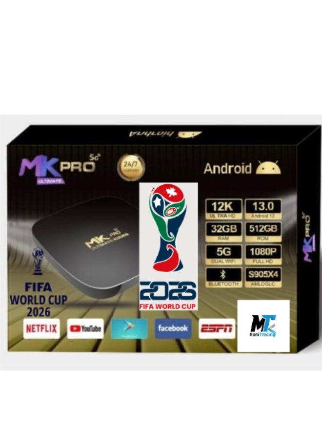 MK Pro Android TV Foot-Ball-World-Cup-26 Box 2026 Version With One Year Package, 32GB RAM, 512GB ROM, Android 13.0, 5G WiFi, 12K Ultra HD