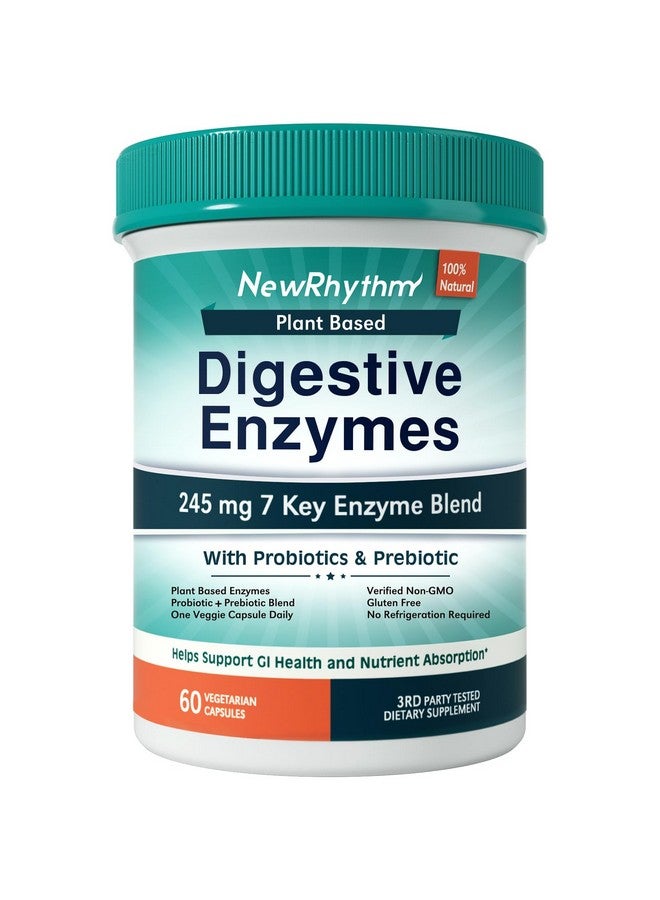 NewRhythm Digestive Enzymes 245 mg, with Probiotics and Prebiotics, Plant Based, 7 Key Enzymes, Digestion, Nutrient Absorption, Protease Amylase & Lipase, 60 Vegan Capsules - Image 1
