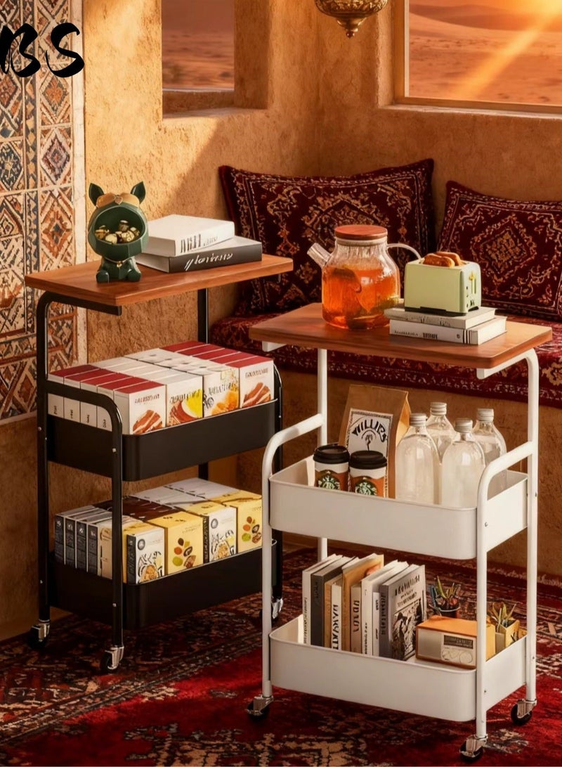 بي إس طاولة جانبية ثلاثية الطبقات للأريكة | مع سلتين من المعدن ولوح خشبي | قابلة للتحريك بعجلات | عربة تخزين متعددة الوظائف | طاولة جانبية للأريكة/عربة طعام/طاولة بجانب السرير/طاولة مطبخ متحركة - Image 2