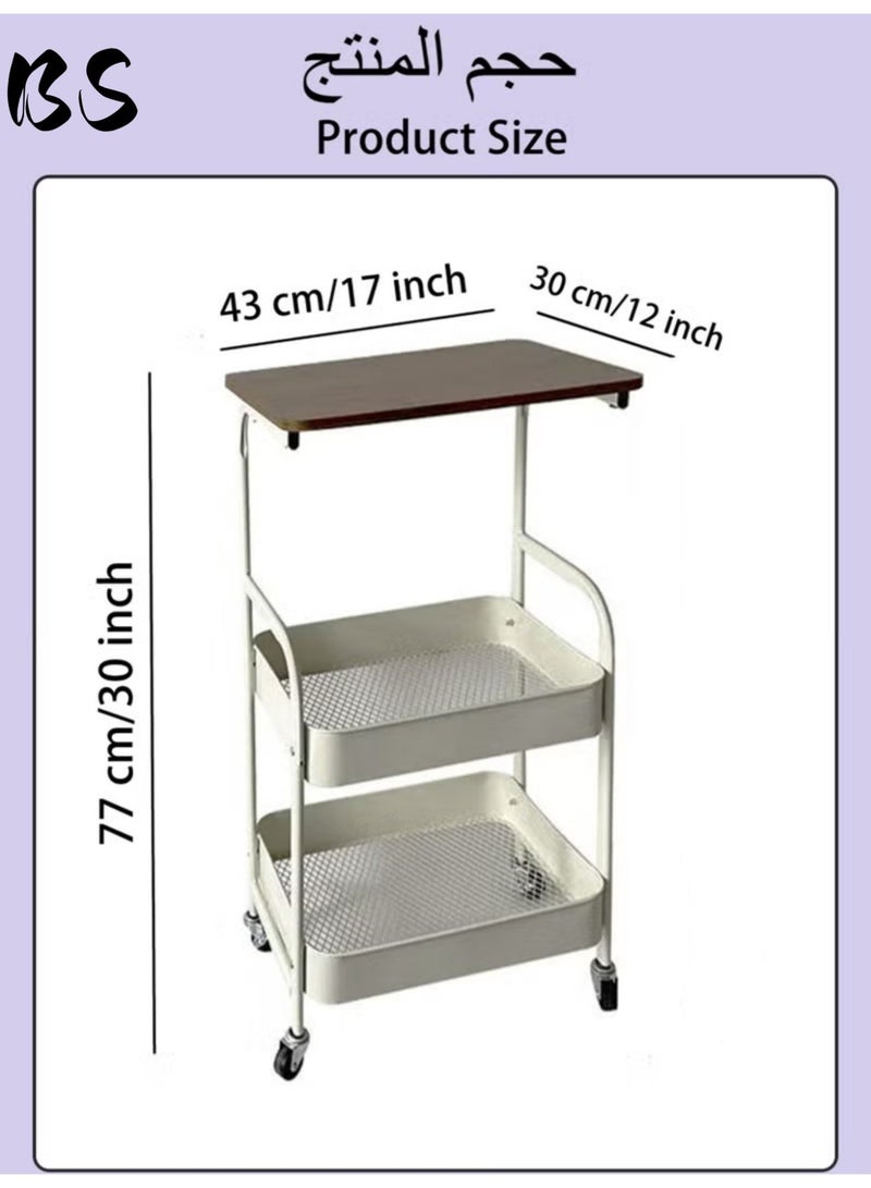 بي إس طاولة جانبية ثلاثية الطبقات للأريكة | مع سلتين من المعدن ولوح خشبي | قابلة للتحريك بعجلات | عربة تخزين متعددة الوظائف | طاولة جانبية للأريكة/عربة طعام/طاولة بجانب السرير/طاولة مطبخ متحركة - Image 5