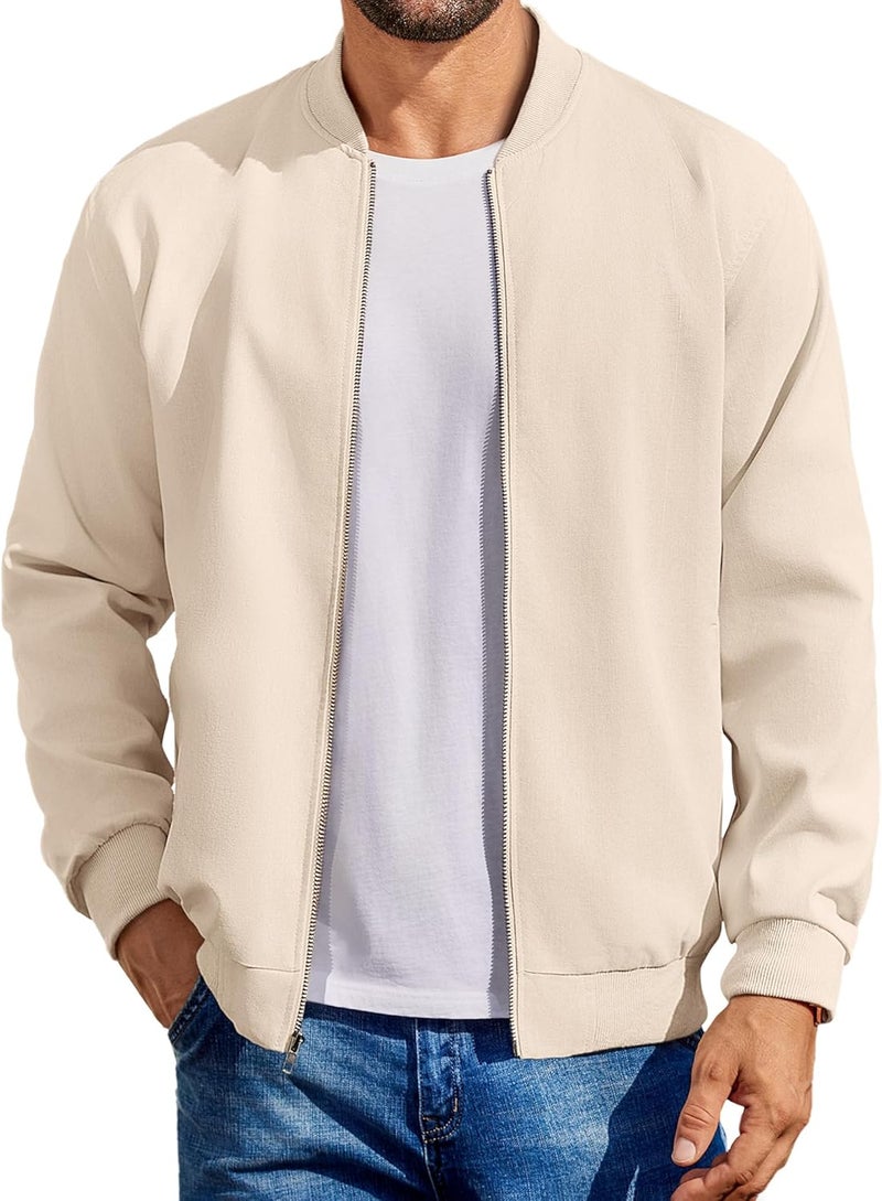 COOFANDY Men's Lightweight Casual Cotton Softshell Bomber Jacket - Beige - Image 1