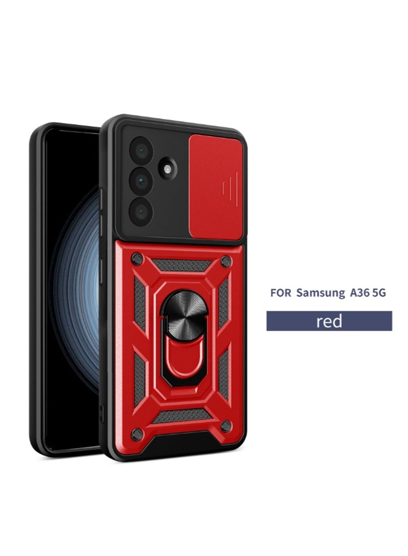 for Samsung Galaxy A36 5G Case Cover, Slide Camera Lens Cover, Magnetic Ring Holder Kickstand Protective Phone Case for Samsung Galaxy A36 5G, Red 