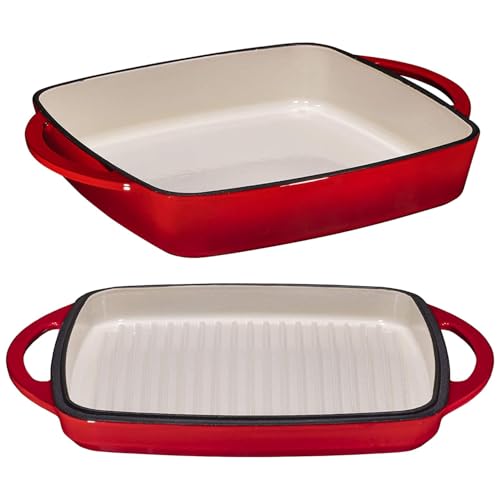Bruntmor 2-in-1 Square Enameled Cast Iron Dutch Oven Baking Pan and Gridle Lid with Dual Handles, Cast Iron Skillet lid, Coating Gridle for Baking, Bacon,Steaks - Red - Image 1