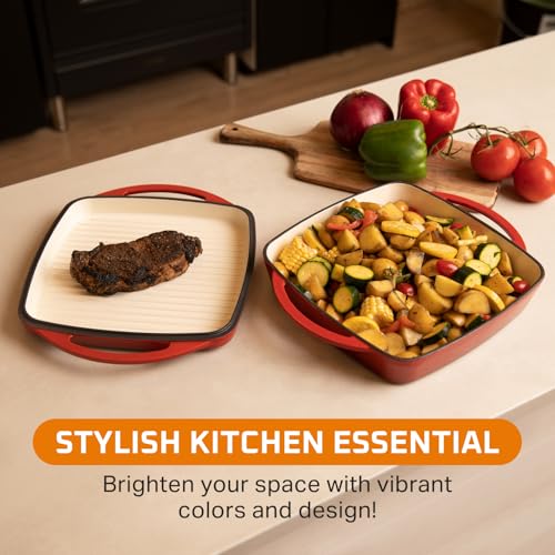 Bruntmor 2-in-1 Square Enameled Cast Iron Dutch Oven Baking Pan and Gridle Lid with Dual Handles, Cast Iron Skillet lid, Coating Gridle for Baking, Bacon,Steaks - Red - Image 2