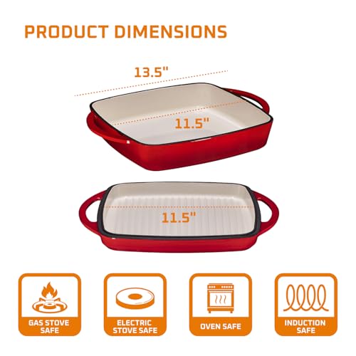 Bruntmor 2-in-1 Square Enameled Cast Iron Dutch Oven Baking Pan and Gridle Lid with Dual Handles, Cast Iron Skillet lid, Coating Gridle for Baking, Bacon,Steaks - Red - Image 3