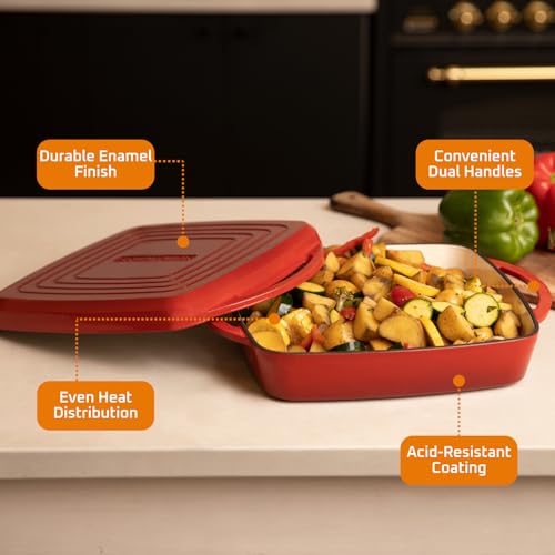 Bruntmor 2-in-1 Square Enameled Cast Iron Dutch Oven Baking Pan and Gridle Lid with Dual Handles, Cast Iron Skillet lid, Coating Gridle for Baking, Bacon,Steaks - Red - Image 4