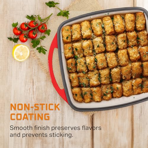 Bruntmor 2-in-1 Square Enameled Cast Iron Dutch Oven Baking Pan and Gridle Lid with Dual Handles, Cast Iron Skillet lid, Coating Gridle for Baking, Bacon,Steaks - Red - Image 5