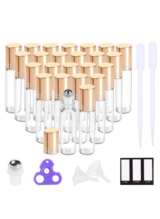 PrettyCare Essential Oil Roller Bottles 10Ml (24 Pack Clear Glass Bottle With Gold Cap, 4 Extra Roller Balls，48 Labels, 2 Openers, 2 Funnels Roller Balls For Essential Oils, Roll On Bottles  - Image 1