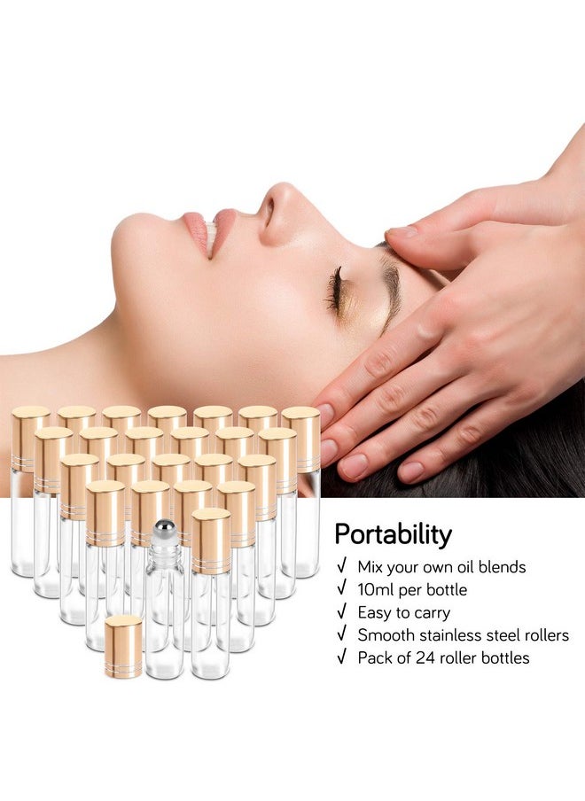 PrettyCare Essential Oil Roller Bottles 10Ml (24 Pack Clear Glass Bottle With Gold Cap, 4 Extra Roller Balls，48 Labels, 2 Openers, 2 Funnels Roller Balls For Essential Oils, Roll On Bottles  - Image 2