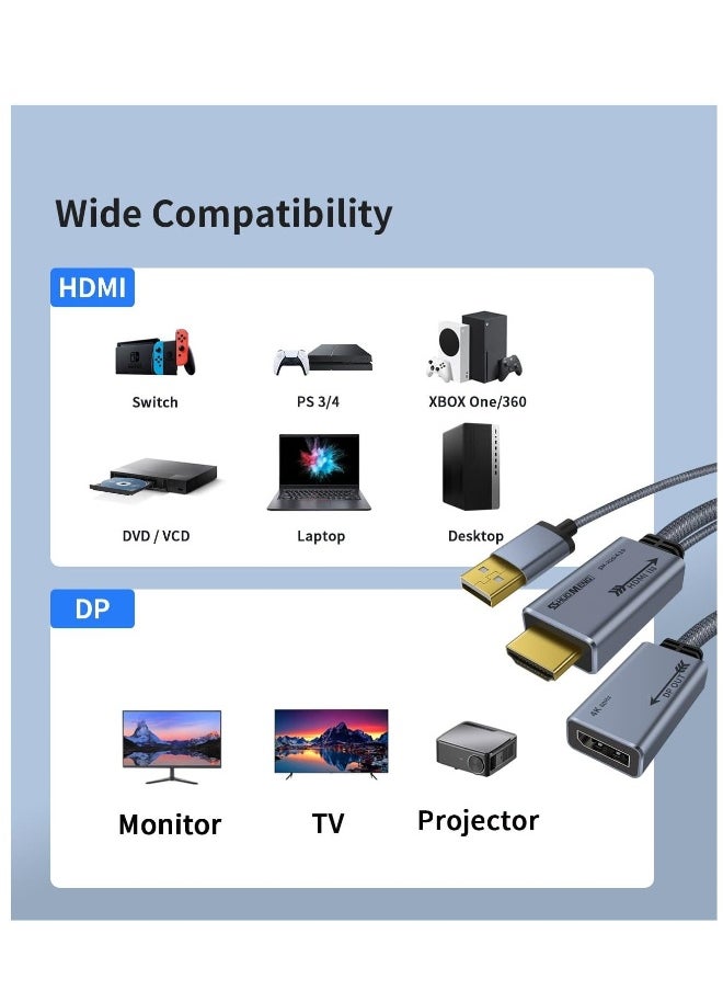 ماركة غير محددة محول HDMI إلى DisplayPort 4K@60Hz، كابل محول ذكر إلى ذكر HDMI إلى DP 1.2 مع طاقة USB للشاشة، PS4، سرعة عالية، متوافق مع HDCP2.2، 6.6 قدم 2 متر، غير ثنائي الاتجاه  - Image 3