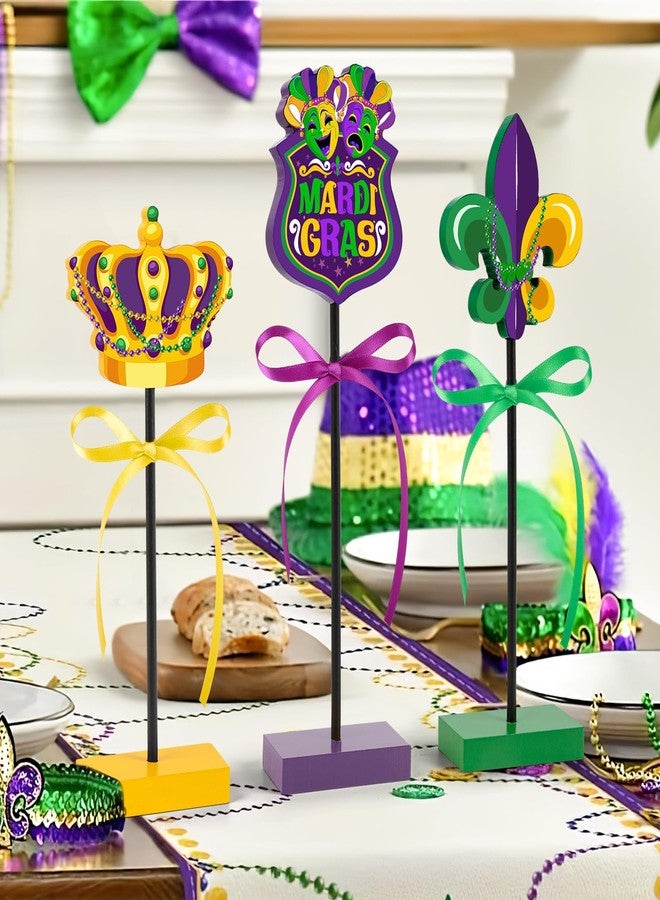 Hedeey 3 Pieces Mardi Gras Table Decorations Wooden Set, Rustic Mardi Gras Tiered Tray Decor for Home Party Room (Colorful) - Image 2