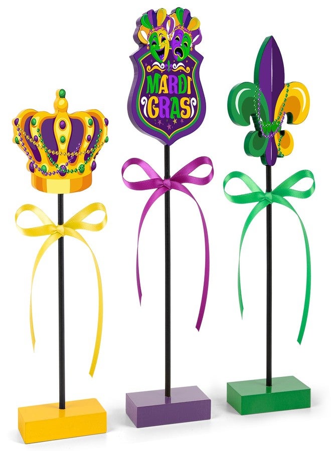 Hedeey 3 Pieces Mardi Gras Table Decorations Wooden Set, Rustic Mardi Gras Tiered Tray Decor for Home Party Room (Colorful) - Image 1