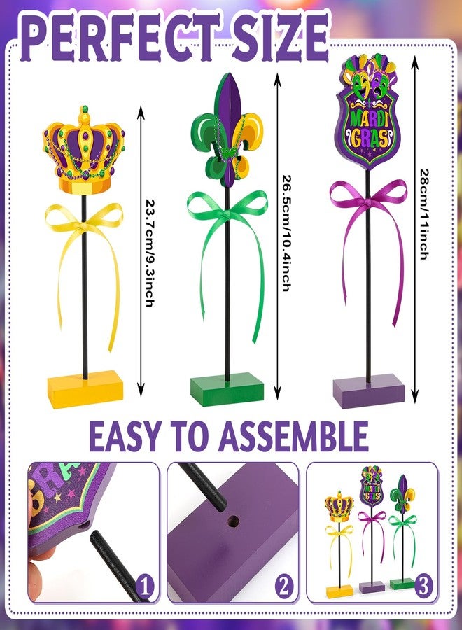 Hedeey 3 Pieces Mardi Gras Table Decorations Wooden Set, Rustic Mardi Gras Tiered Tray Decor for Home Party Room (Colorful) - Image 3