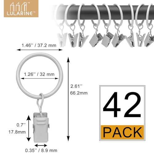 LULARINE 42 Pack Curtain Rings with Clips 1.26" Interior Diameter,Metal Drapery Ring with Clips Compatible with up to 1 inch Drapery Rod,Strong Vintage Decorative Rustproof Drapery Ring with Hooks(White) - Image 2