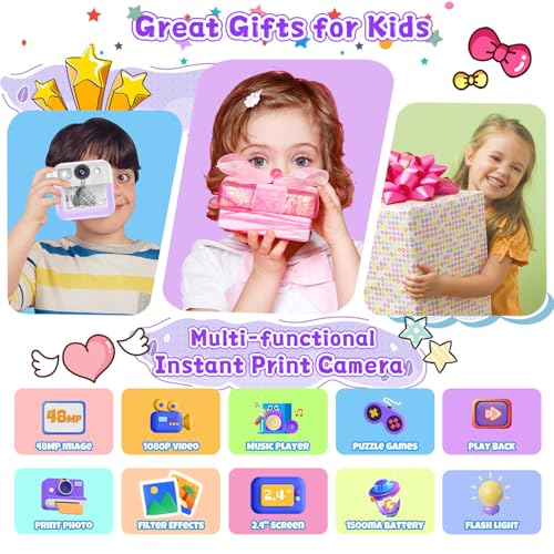 Dafotil Kids Instant Print Camera Christmas Birthday Gift for Girls Boys Digital Camera with 32GB Card 1080P Video Portable Purple Toy for Ages 310 - Image 5
