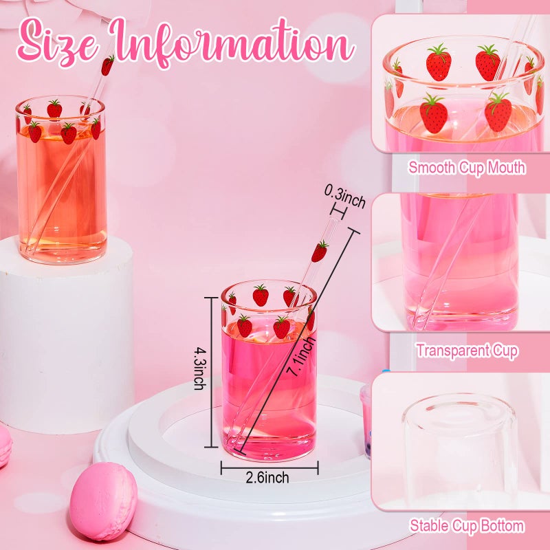 Tessco 2 Sets Strawberry Cups Nana Strawberry Glass Cup with Straw Lovely Glass Tumbler Cup Clear Tumbler Berry Pattern Glasses Bottle for Juice Water Milk Coffee Tea(Lovely) - Image 2