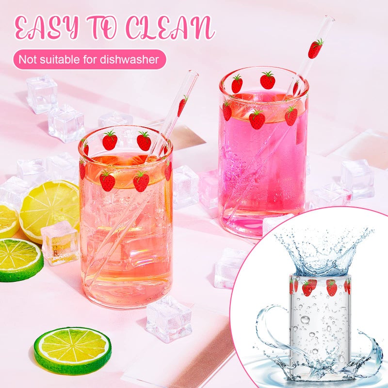 Tessco 2 Sets Strawberry Cups Nana Strawberry Glass Cup with Straw Lovely Glass Tumbler Cup Clear Tumbler Berry Pattern Glasses Bottle for Juice Water Milk Coffee Tea(Lovely) - Image 5