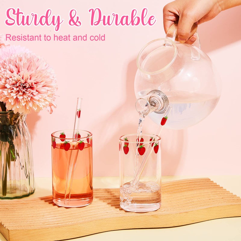 Tessco 2 Sets Strawberry Cups Nana Strawberry Glass Cup with Straw Lovely Glass Tumbler Cup Clear Tumbler Berry Pattern Glasses Bottle for Juice Water Milk Coffee Tea(Lovely) - Image 3
