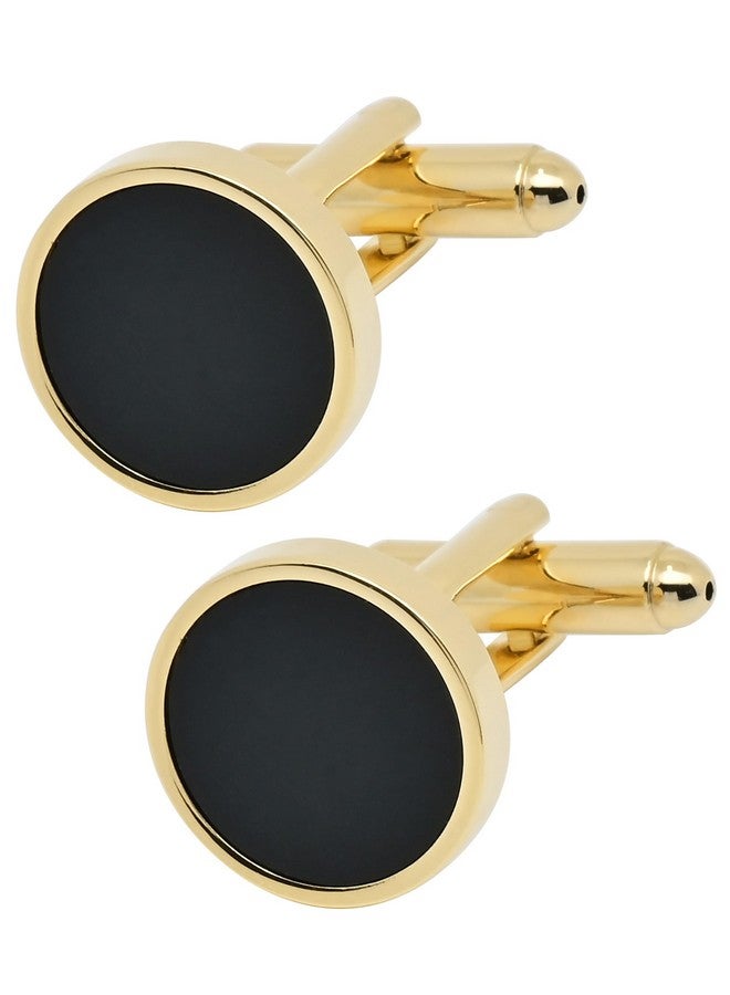 Jonwo 14K Gold Plated Round Mens Cufflinks With Black Agate In Gift Case Classic Round Golden Cufflinks For Men Jewelry For Wedding Party Business Birthday Anniversary Dress - Image 1