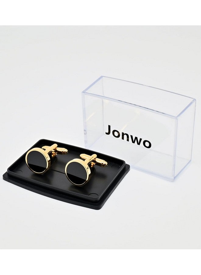 Jonwo 14K Gold Plated Round Mens Cufflinks With Black Agate In Gift Case Classic Round Golden Cufflinks For Men Jewelry For Wedding Party Business Birthday Anniversary Dress - Image 3