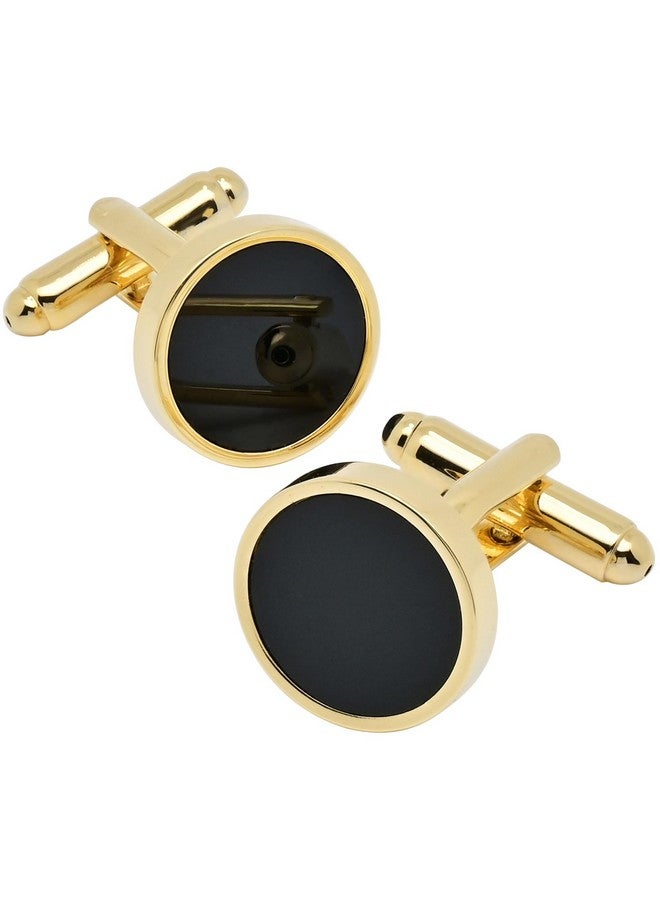 Jonwo 14K Gold Plated Round Mens Cufflinks With Black Agate In Gift Case Classic Round Golden Cufflinks For Men Jewelry For Wedding Party Business Birthday Anniversary Dress - Image 4
