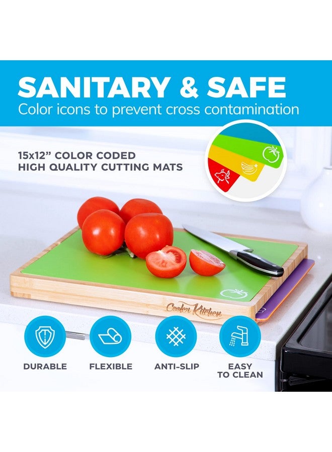 Cooler Kitchen Bamboo Cutting Board Set - Easy-to-Clean Wood Cutting Board Set with 6 Color-Coded Flexible Plastic Cutting Boards with Food Icons - Wooden Cutting Boards For Kitchen - Wooden Chopping Board Set - Image 2