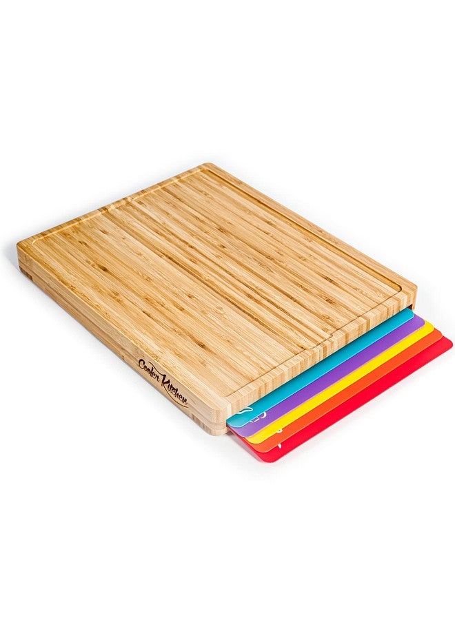 Cooler Kitchen Bamboo Cutting Board Set - Easy-to-Clean Wood Cutting Board Set with 6 Color-Coded Flexible Plastic Cutting Boards with Food Icons - Wooden Cutting Boards For Kitchen - Wooden Chopping Board Set - Image 1