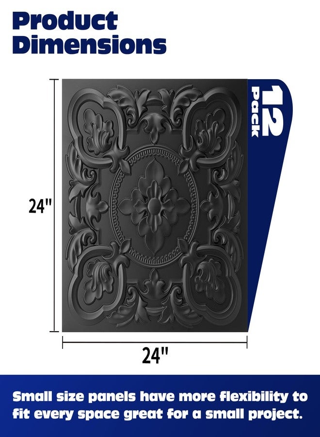 Art3dwallpanels 12 Pack Drop Ceiling Tiles, 24 x 24 Inch High Grade PVC 3D Wall Panels Vintage Flower Pattern for Interior Wall Decor, Fire Rated, Waterproof, Black - Image 2