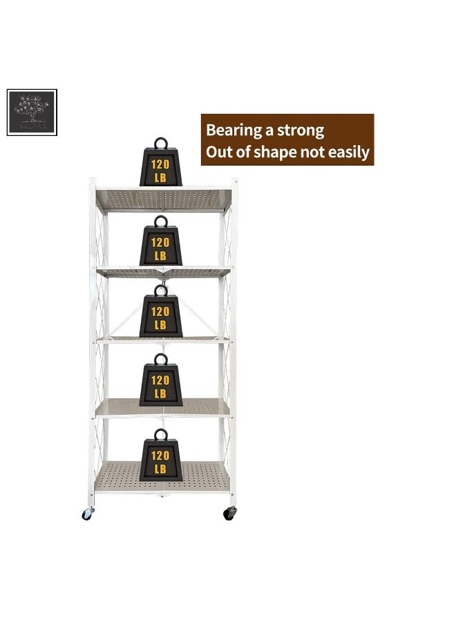 sulfar Sulfar 5 Tier Foldable Storage Shelves with Caster Wheels (White)  - Image 4