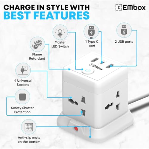 EMBOX Cube Extension Board 5 Meter Cable (QC 3.0)| 2500W Heavy Duty Extension Board with USB Type C Universal Sockets & Master Switch |Compact Extension Cord Safety Shutter & Overload Protector - Image 3