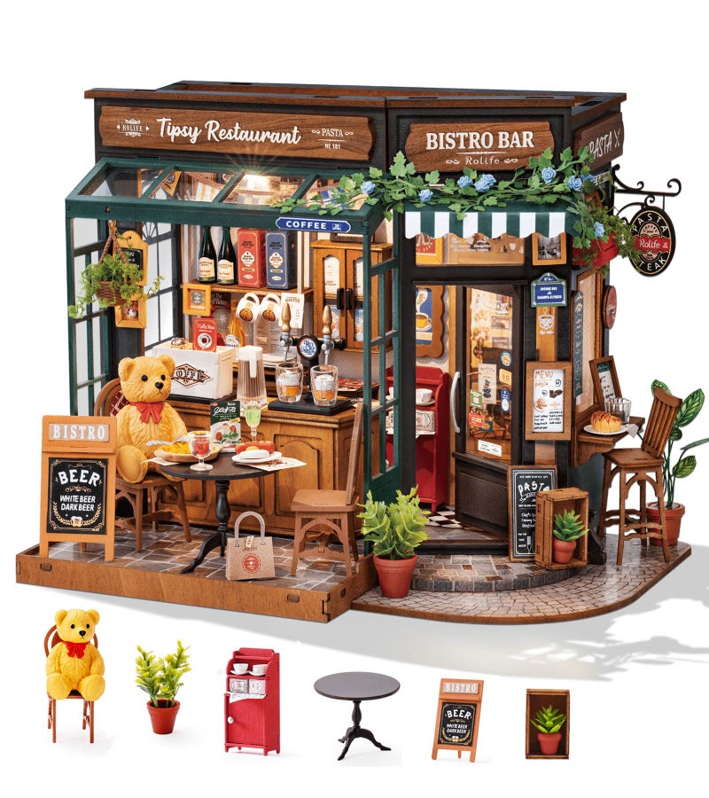 Rolife DIY Miniature House Kit 118 CoffeBar Dollhouse Diorama Model Build Mini House Building Kit with LED Light Hobby Crafts for Adults Gift for Him Her Tipsy Restaurant - Image 2