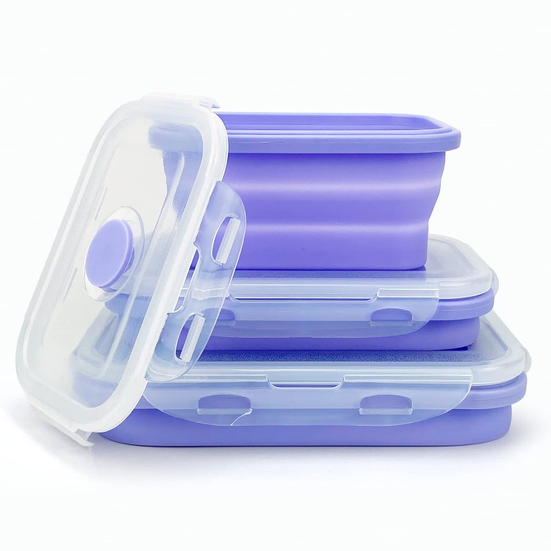 Lunbengo Purple Collapsible Meal Prep Containers Camping Bowls Silicone Bento Box with Airtight Plastic Lid  Microwave Safe  Portable Lunch Container  For Food Storage  Travel and Hiking  3Pack - Image 1