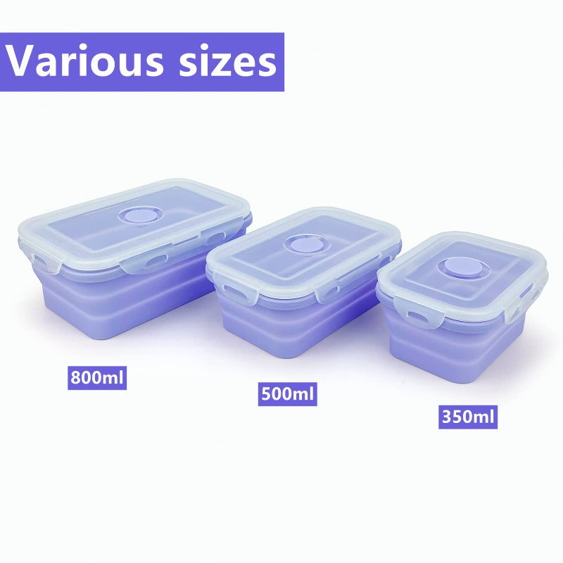 Lunbengo Purple Collapsible Meal Prep Containers Camping Bowls Silicone Bento Box with Airtight Plastic Lid  Microwave Safe  Portable Lunch Container  For Food Storage  Travel and Hiking  3Pack - Image 3