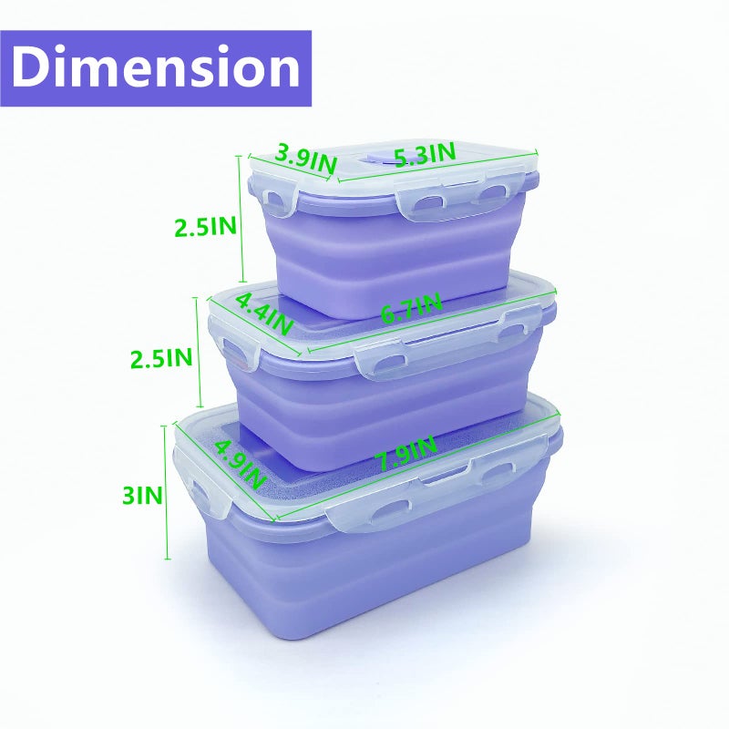 Lunbengo Purple Collapsible Meal Prep Containers Camping Bowls Silicone Bento Box with Airtight Plastic Lid  Microwave Safe  Portable Lunch Container  For Food Storage  Travel and Hiking  3Pack - Image 4