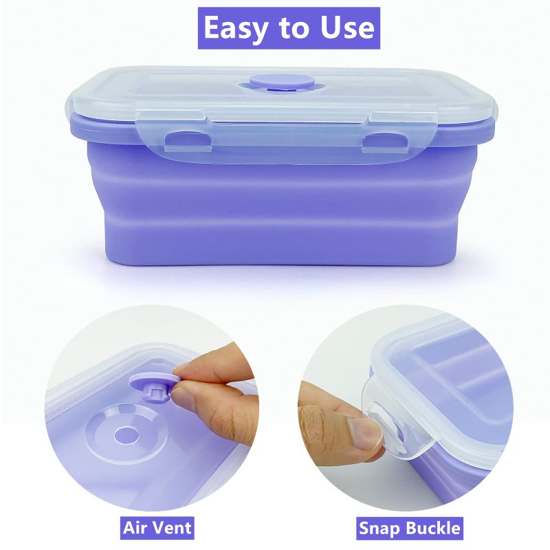 Lunbengo Purple Collapsible Meal Prep Containers Camping Bowls Silicone Bento Box with Airtight Plastic Lid  Microwave Safe  Portable Lunch Container  For Food Storage  Travel and Hiking  3Pack - Image 5