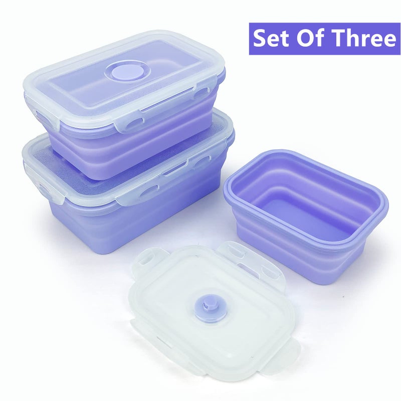 Lunbengo Purple Collapsible Meal Prep Containers Camping Bowls Silicone Bento Box with Airtight Plastic Lid  Microwave Safe  Portable Lunch Container  For Food Storage  Travel and Hiking  3Pack - Image 2