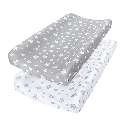 Changing Pad Cover for Boys Girls 2 Pack Lovely Print Soft Unisex Diaper Change Table Sheets Fit 32x16 Contoured Pad Comfy Cozy 2Pack Cradle Sheets Grey White