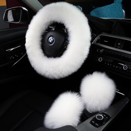 AOGELAN 3Pcs Set Fashion Fluffy Fuzzy Wool Fur Soft Car Steering Wheel Cover with Handbrake Cover & Gear Shift Cover for Women/Girls/Ladies Auto Long Wool Accessories, White - Image 1