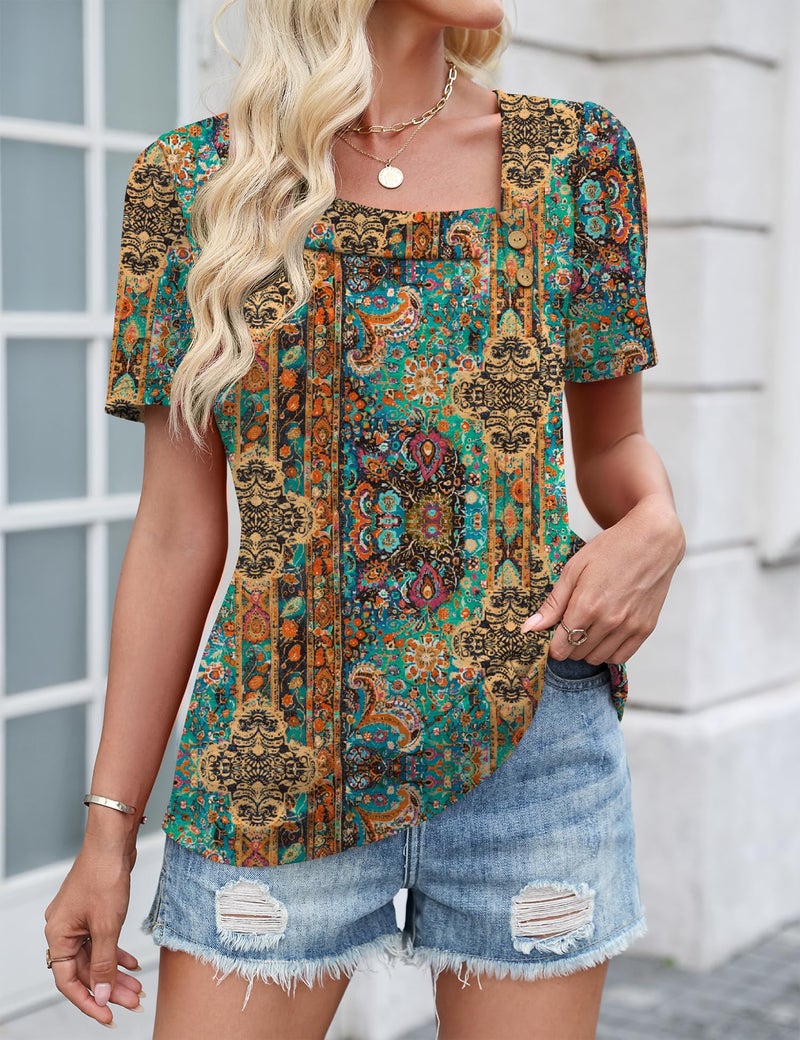 LUYAA Blouses for Women Asymmetrical Tops 2026 Summer Dressy Casual Short Sleeve Loose Cute Print Basic Tunic Shirt Blouse Boho Floral L - Image 3