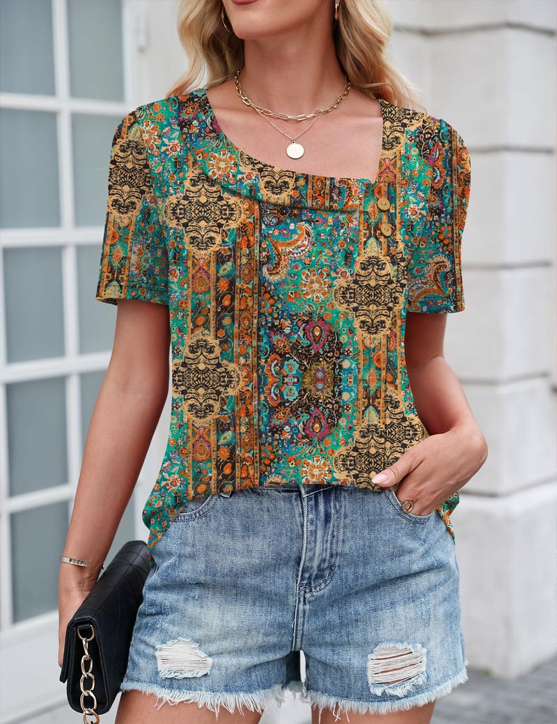 LUYAA Blouses for Women Asymmetrical Tops 2026 Summer Dressy Casual Short Sleeve Loose Cute Print Basic Tunic Shirt Blouse Boho Floral L - Image 5