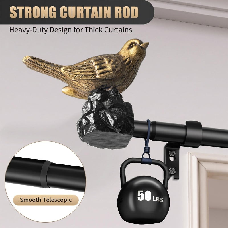 KVEEO Vintage Black Curtain Rod 18 to 45 Inches Curtain Rods for Windows Adjustable Heavy Duty Drapery Rod with Gold Bird Finials for Kitchen Window Living Room - Image 3