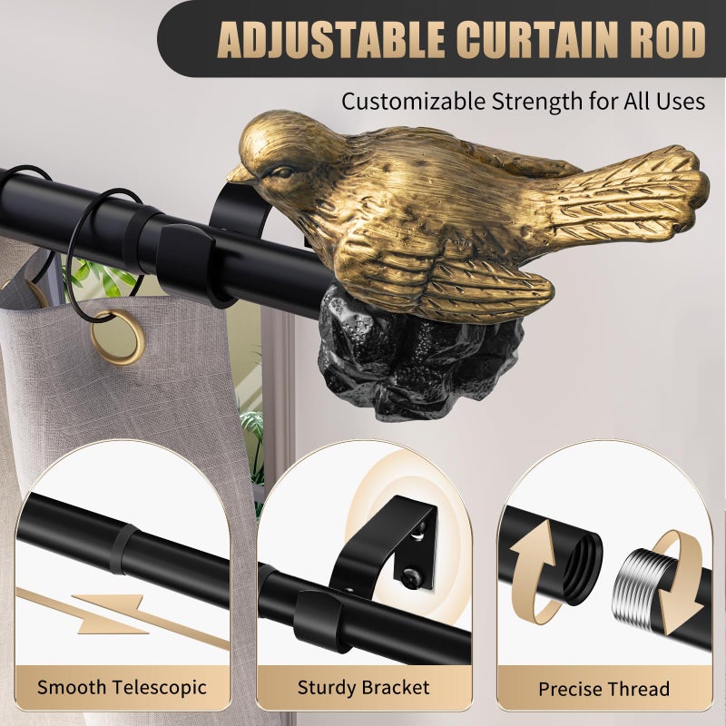 KVEEO Vintage Black Curtain Rod 18 to 45 Inches Curtain Rods for Windows Adjustable Heavy Duty Drapery Rod with Gold Bird Finials for Kitchen Window Living Room - Image 4